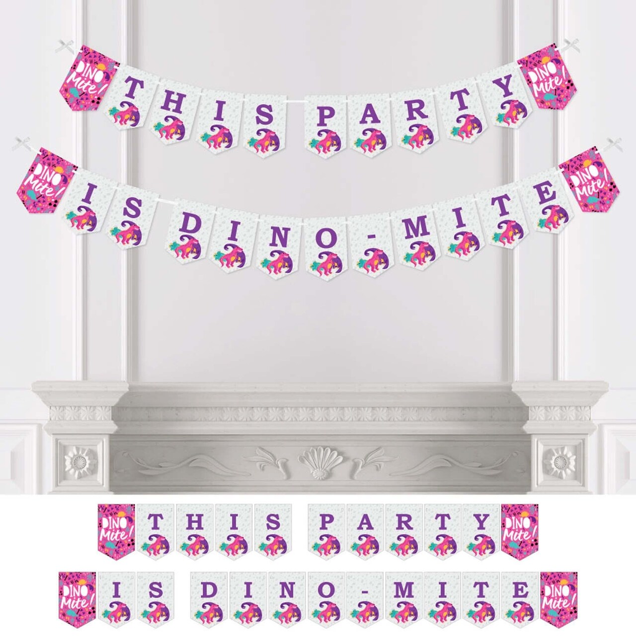 Big Dot of Happiness Roar Dinosaur Girl - Dino Mite Trex Baby Shower or Birthday Party Bunting Banner - Party Decorations - This Party is Dino-Mite